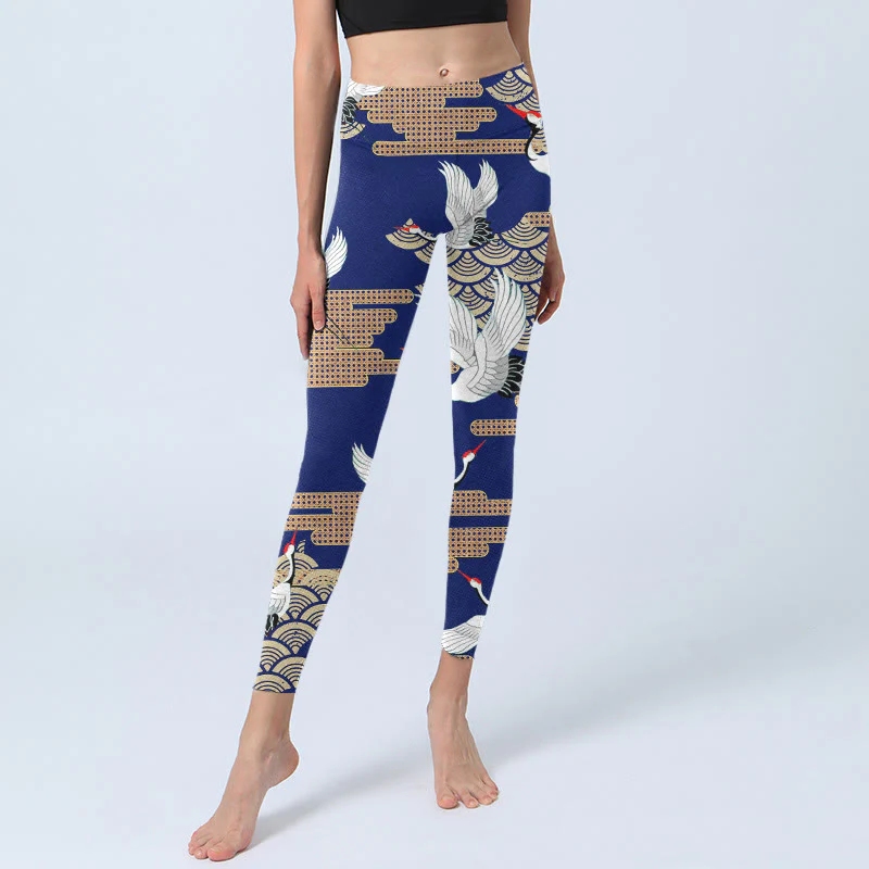 Buddha Stones Red-crowned Cranes Fan-shaped Auspicious Clouds Print Gym Leggings Women's Yoga Pants