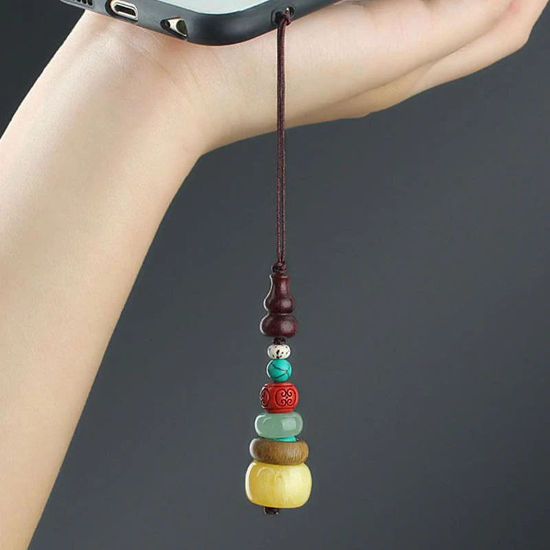 Buddha Stones Green Sandalwood Ebony Wood Gourd Seven Layer Pagoda Positive Phone Hanging Decoration