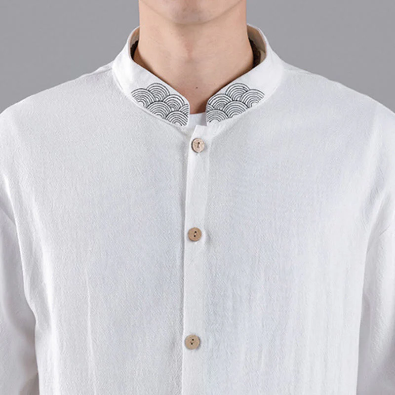 Buddha Stones Embroidered Auspicious Clouds Stand Collar Button Down Long Sleeve Men's Cotton Shirt