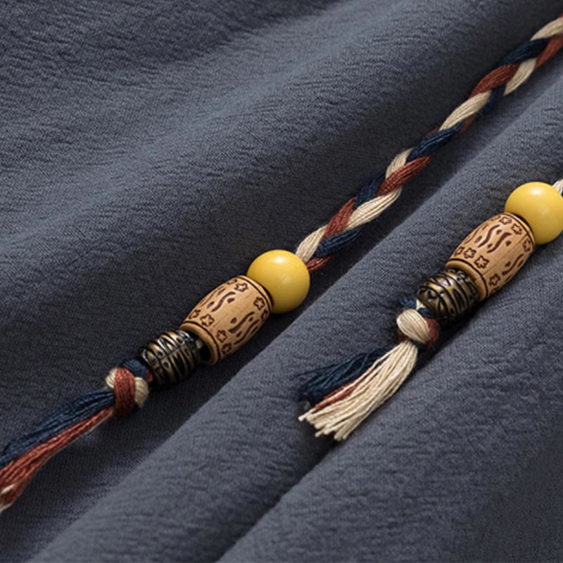 Buddha Stones Summer 2Pcs Plain Crew Neck T-Shirt Drawstring 7-8 Length Pants Cotton Linen Tang Suit Men's Meditation Cloth Set With Pockets