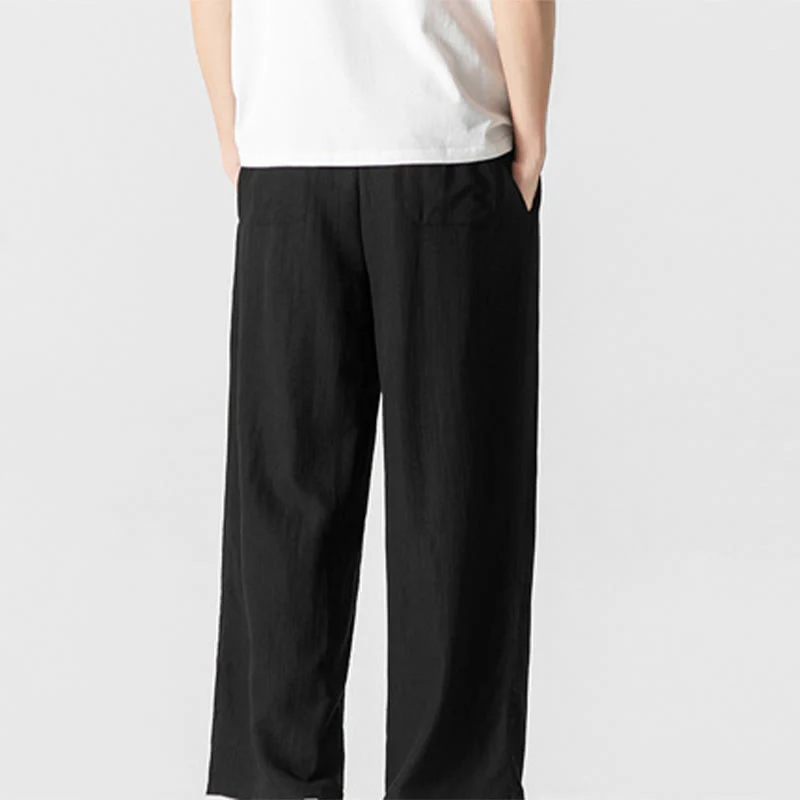 Buddha Stones Summer Casual Plain Straight Leg Design Men's Cotton Linen Drawstring Pants With Pockets