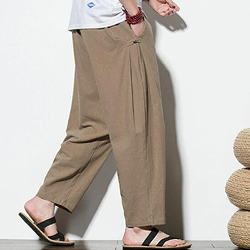 Buddha Stones Summer Side Frog-Button Design Men's Cotton Linen Pants With Pockets
