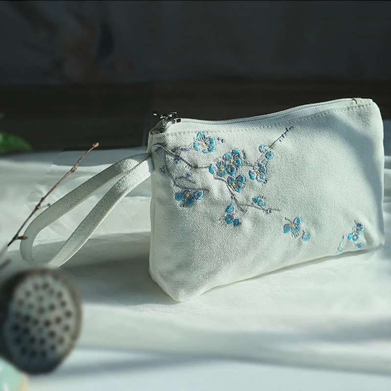 Buddha Stones Small Flower Plum Cherry Crane Peach Blossom Embroidery Canvas Wallet Shopping Purse