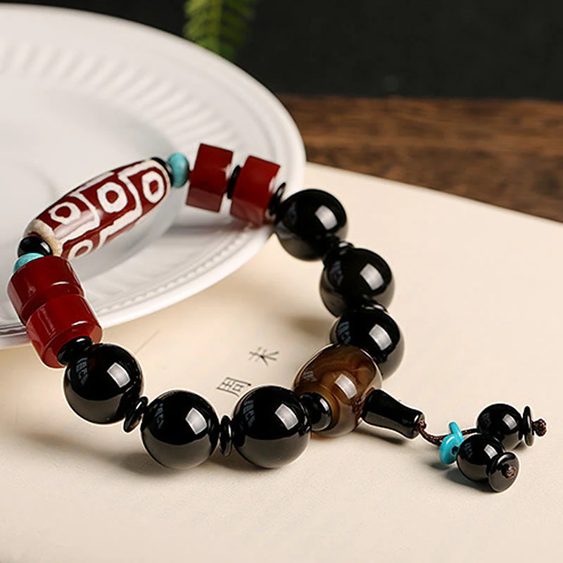 Buddha Stones Tibetan Nine-Eye Dzi Bead Black Onyx Wealth Protection Bracelet