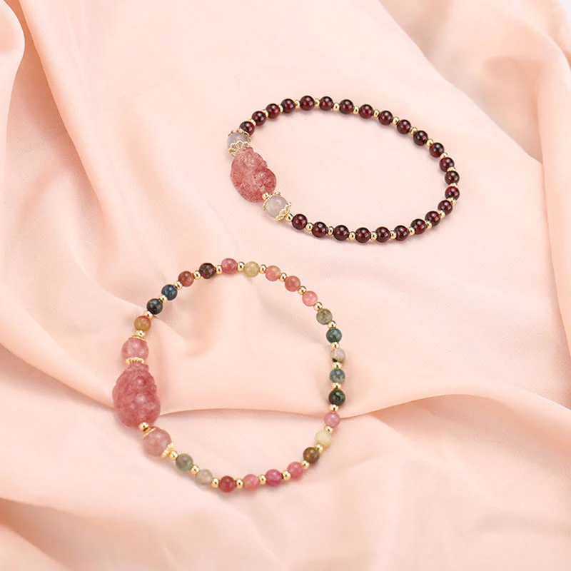 Buddha Stones Natural Tourmaline Garnet Strawberry Quartz PiXiu Moonstone Protection Bracelet