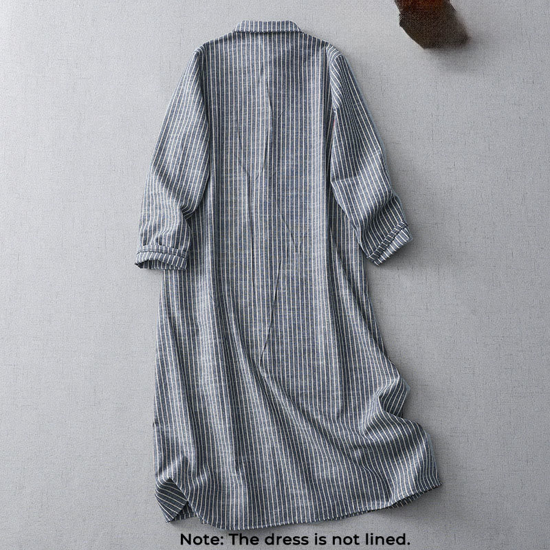 Buddha Stones LightSteelBlue White Striped Button Design Lapel Cotton Linen Midi Dress With Pockets