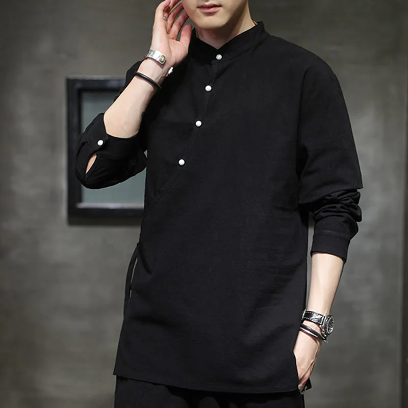 Buddha Stones Plain Lace-Up Simple Button Design Men's Long Sleeve Cotton Linen Shirt Clothing