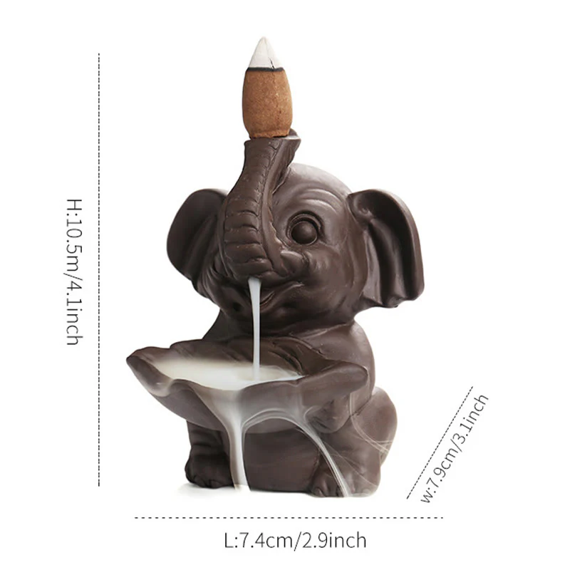 Buddha Stones Little Elephant Holding Leaf Purple Clay Backflow Smoke Fountain Healing Incense Burner Decoration