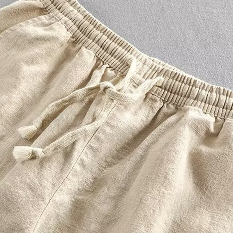 Buddha Stones Drawstring Elastic Waist Cotton Linen Men's Shorts With Pockets