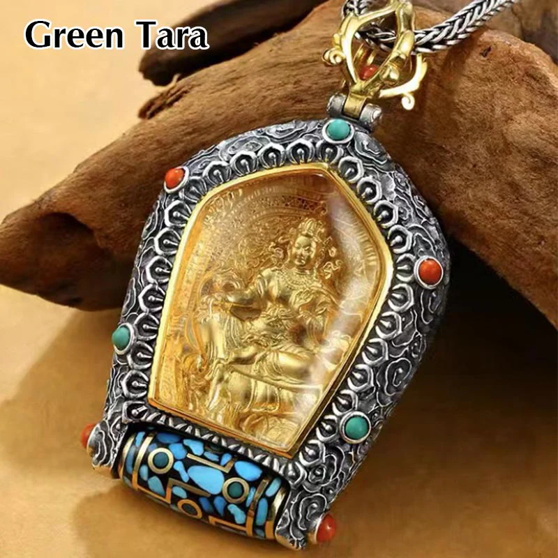 Buddha Stones Tibet Chinese Zodiac Natal Buddha Thangka Prosperity Rotatable Dzi Bead Necklace Pendant