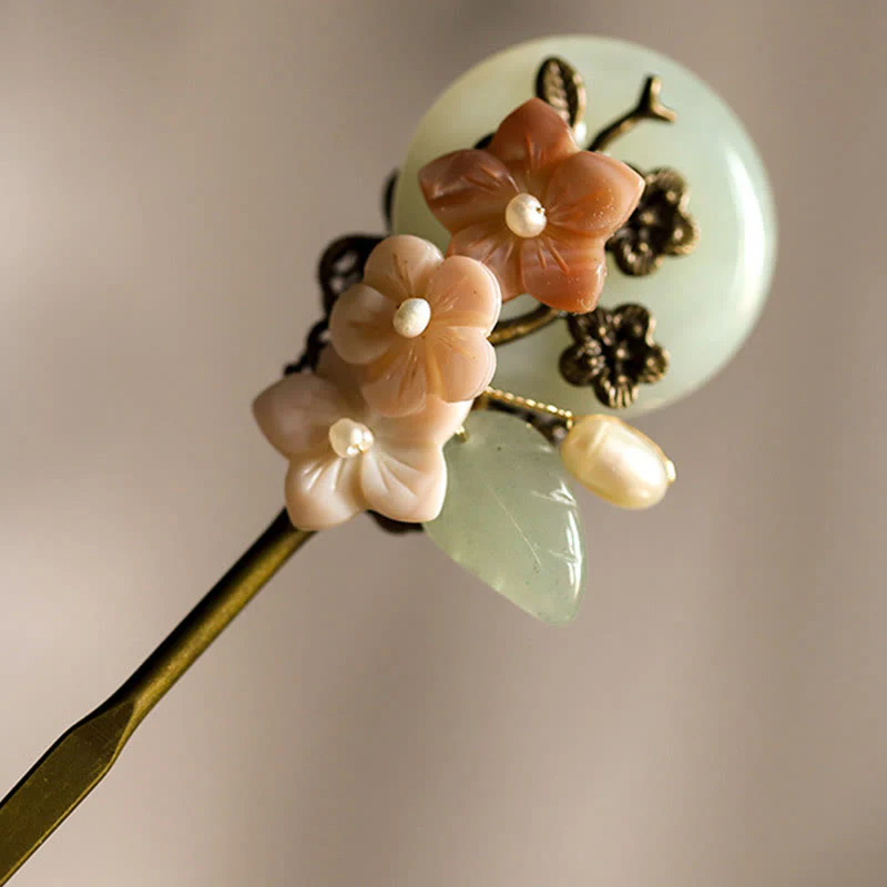 Buddha Stones Copper Jade Shell Flower Leaves Luck Hairpin