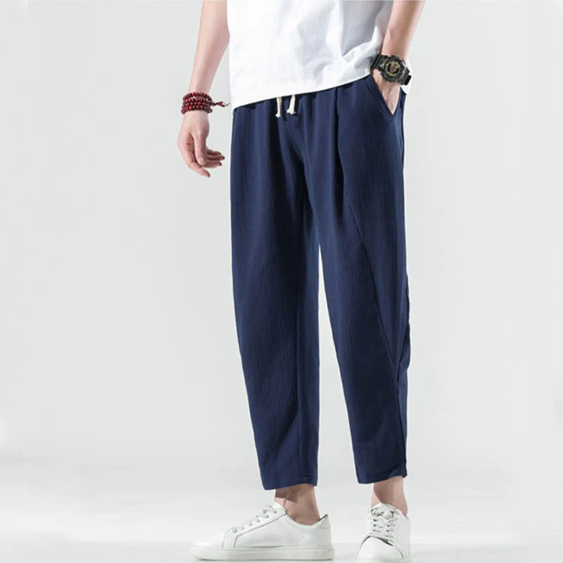 Buddha Stones Casual Plain Pleated Design Drawstring Men's Long Cotton Linen Harem Pants With Pockets