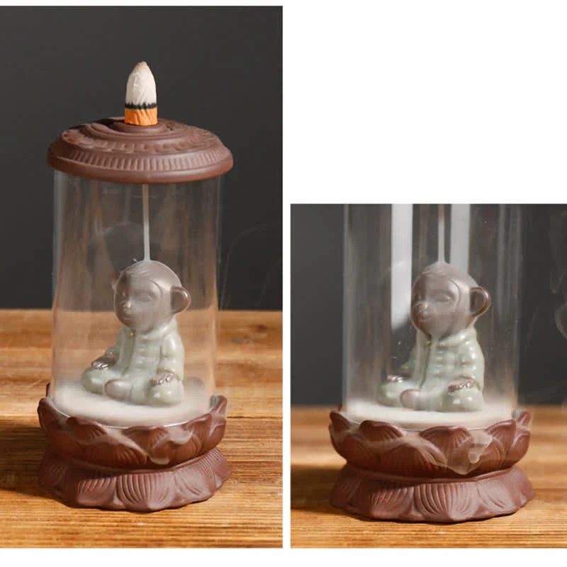 Buddha Stones Meditation Wukong Monkey King Purple Clay Windshield Lotus Backflow Smoke Fountain Incense Burner Decoration