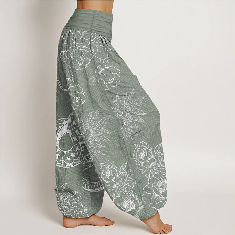 Buddha Stones Pure Cotton Snake Lotus Women's Elastic Waist Harem Pants