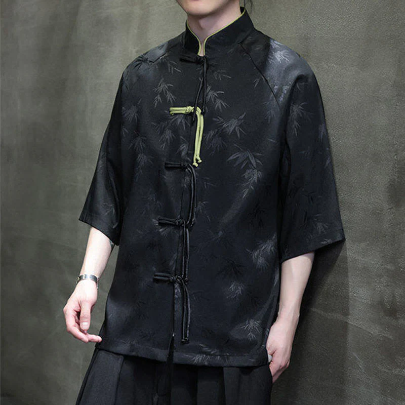 Buddha Stones Jacquard Bamboo Pattern Chinese Frog-Button Stand Collar Tang Suit Men's Cotton Shirt