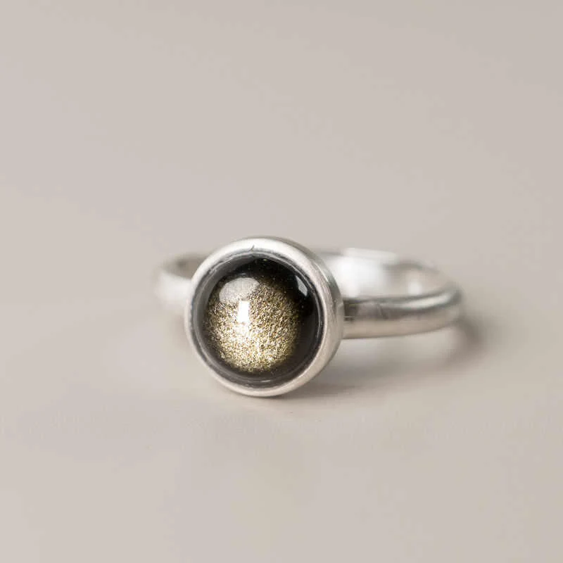 Buddha Stones Natural 925 Sterling Silver Gold Sheen Obsidian Adjustable Wealth Ring