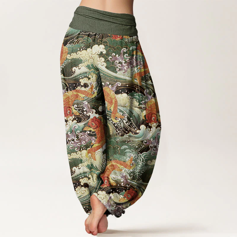 Buddha Stones Casual Koi Fish Ocean Waves Pattern Women's Elastic Waist Harem Pants