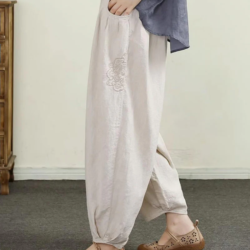 Buddha Stones Vintage Solid Color Embroidery Cotton Linen Women's 7-8 Length Harem Pants With Pockets