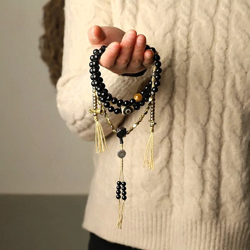 Buddha Stones Tibetan 108 Mala Beads Black Onyx Three-eyed Dzi Beads Protection Bracelet