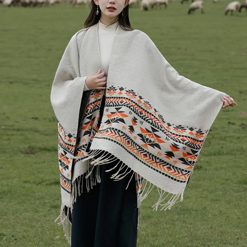 Buddha Stones Tibetan Geometric Rhombus Pattern Tassels Shawl Fall Winter Warm Cozy Scarf Wrap