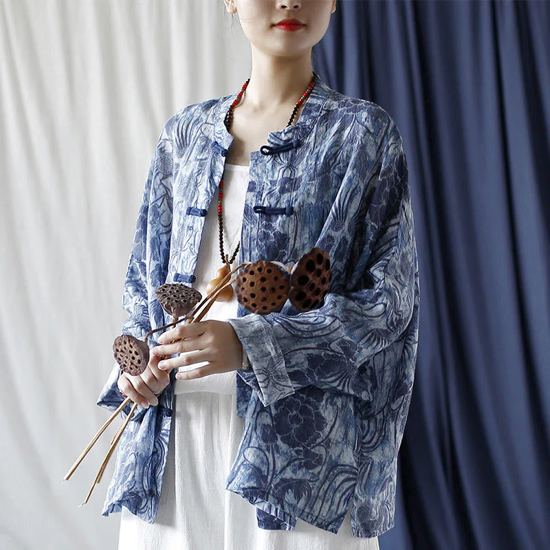 Buddha Stones Retro Blue White Flowers Frog-Button Design Long Sleeve Ramie Linen Jacket Shirt