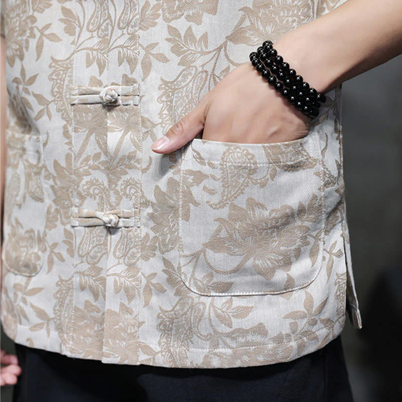 Buddha Stones Casual Jacquard Paisley Flower Plant Pattern Frog-Button Design Men's Cotton Shirt Cardigan With Pockets