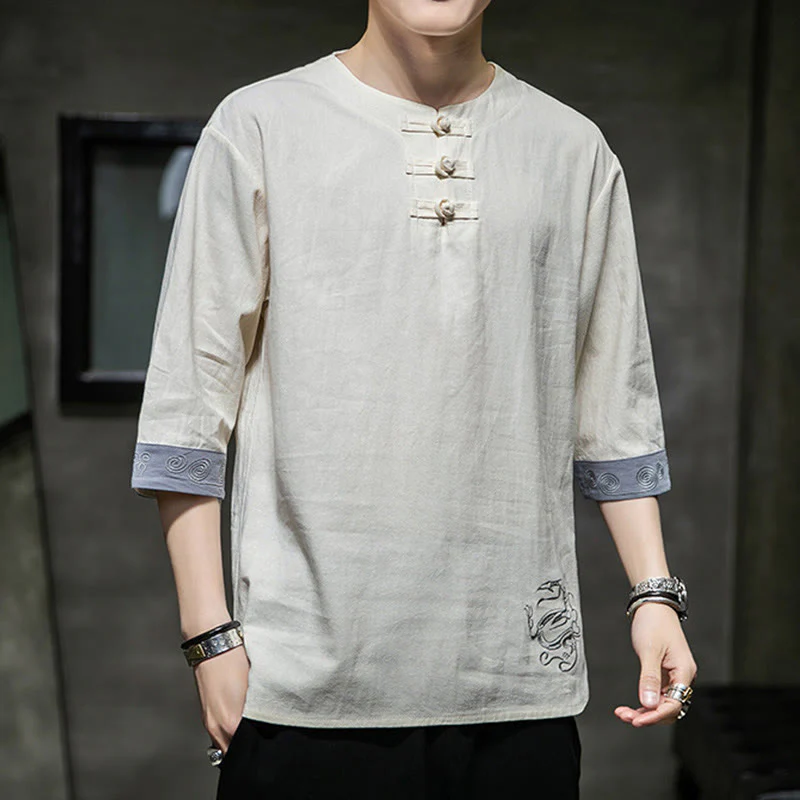 Buddha Stones Summer Embroidery Plain Frog-Button Men's Crew Neck Half Sleeve Cotton Linen Shirt Clothing