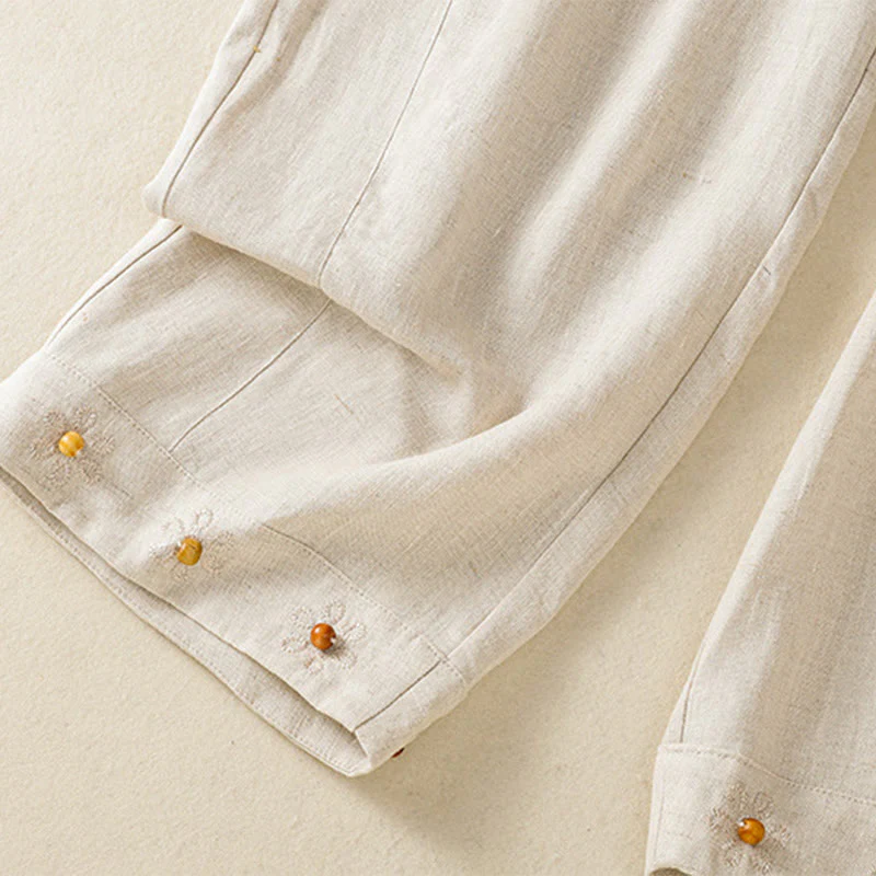 Buddha Stones Casual Embroided Bead Drawstring Women's Wide Leg Cotton Pants With Pockets