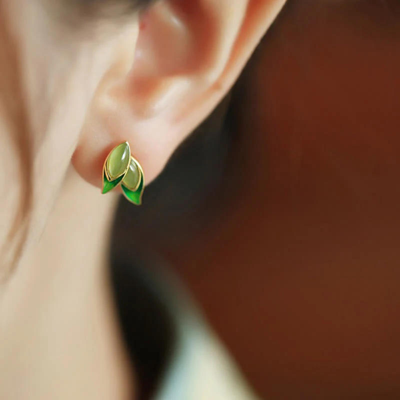 Buddha Stones 925 Sterling Silver Jade Leaf Prosperity Earrings