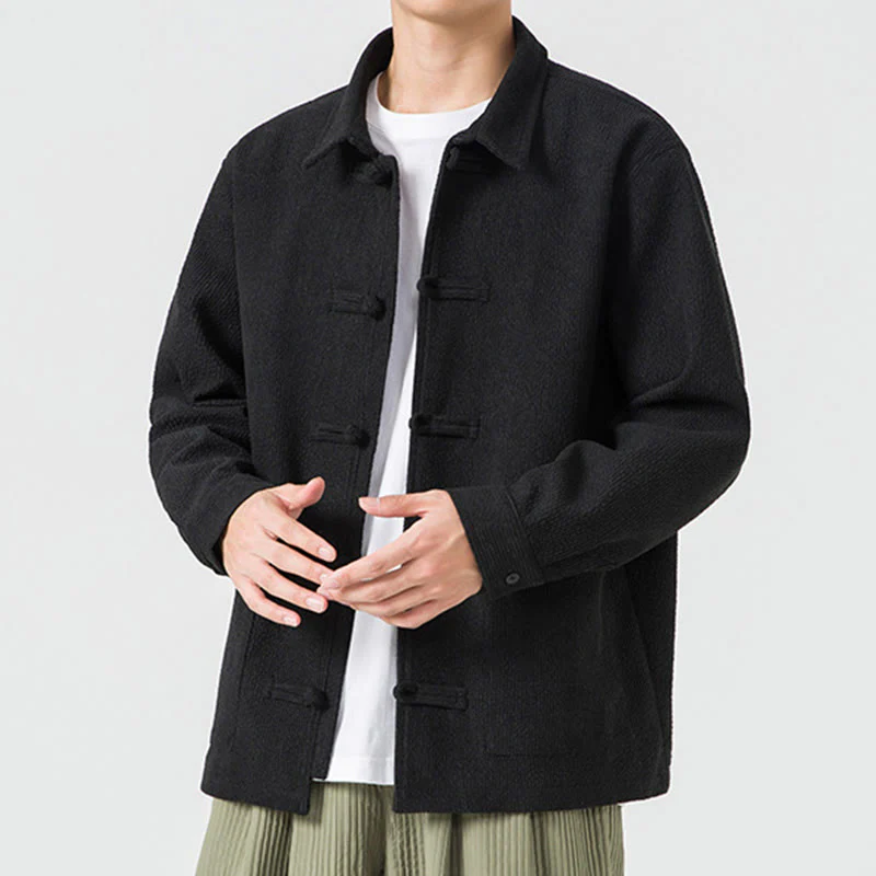 Buddha Stones Long Sleeve Frog-button Design Men's Polyester Jacket Shirt With Pockets