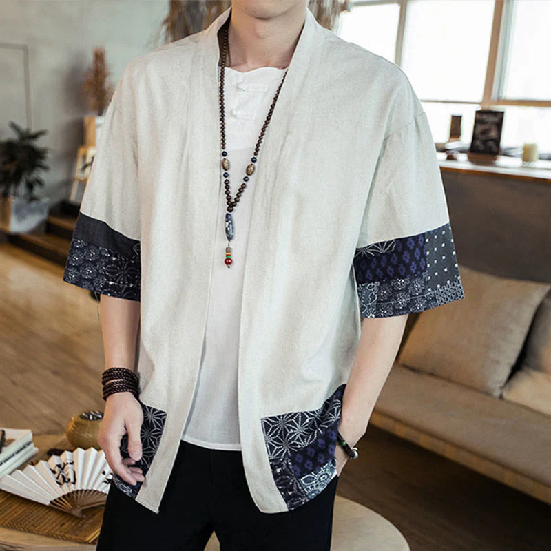Buddha Stones Ethnic Printing Patchwork Design Open Front Jacket Cotton Linen Men's Kimono