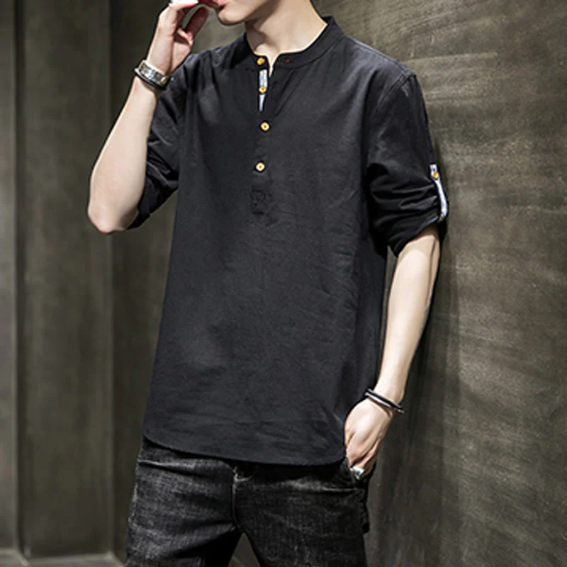 Buddha Stones Summer Solid Men's Half Buttons Half Sleeve Linen Shirt