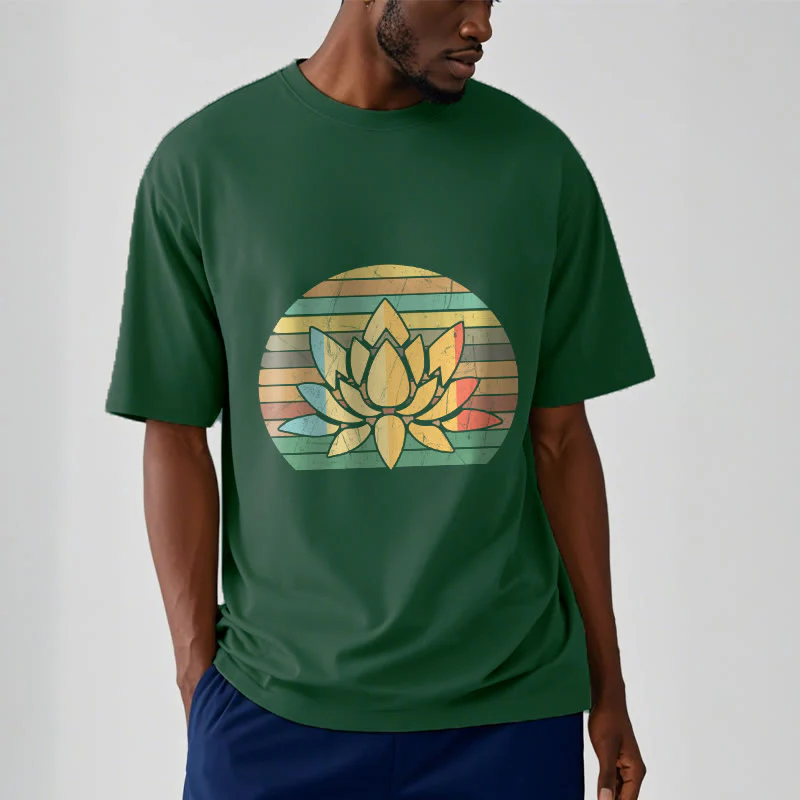 Buddha Stones Casual Retro Striped Background Lotus Flower Pattern Cotton Tee T-shirt