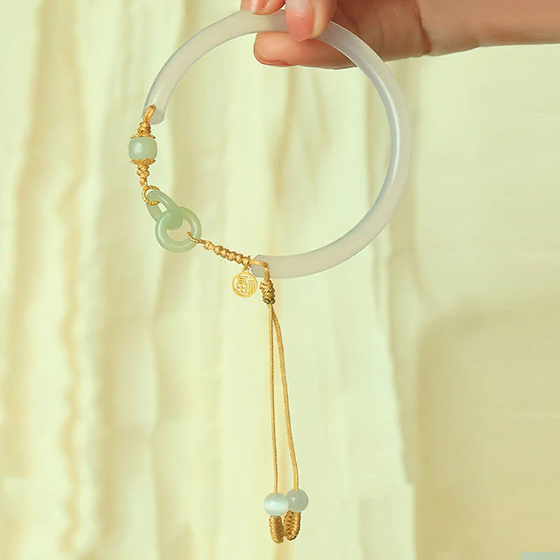 Buddha Stones 925 Sterling Silver Natural White Agate Hetian Jade Double Peace Buckle Fu Character Bracelet Bangle