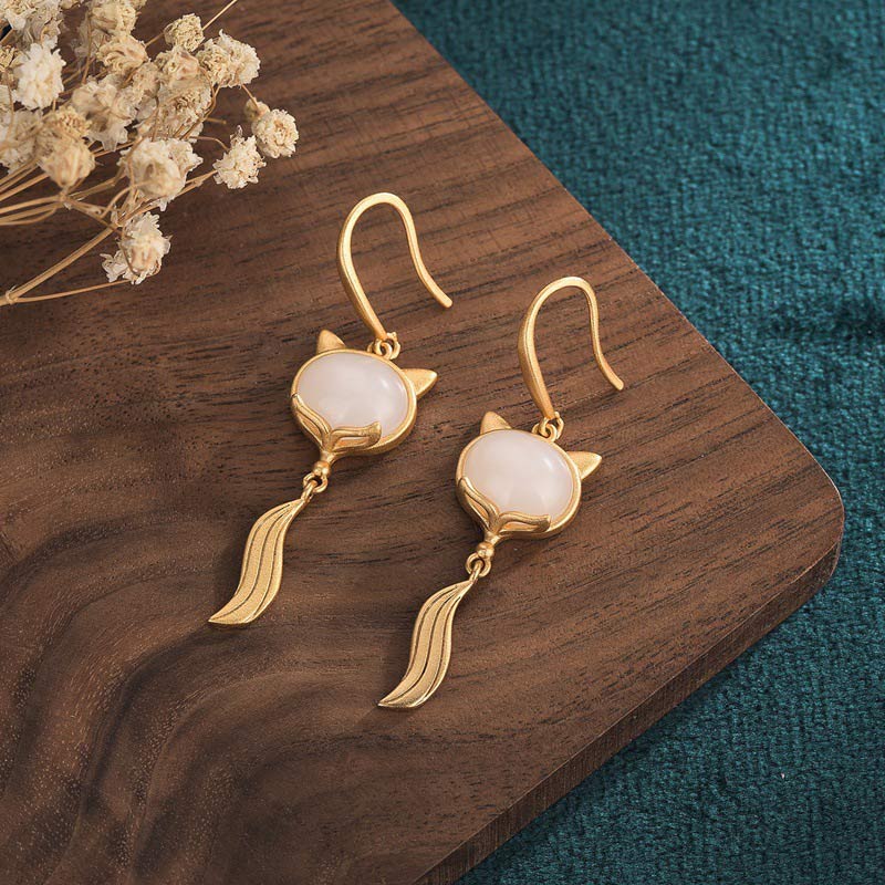 Buddha Stones FengShui White Jade Fox Fortune Earrings