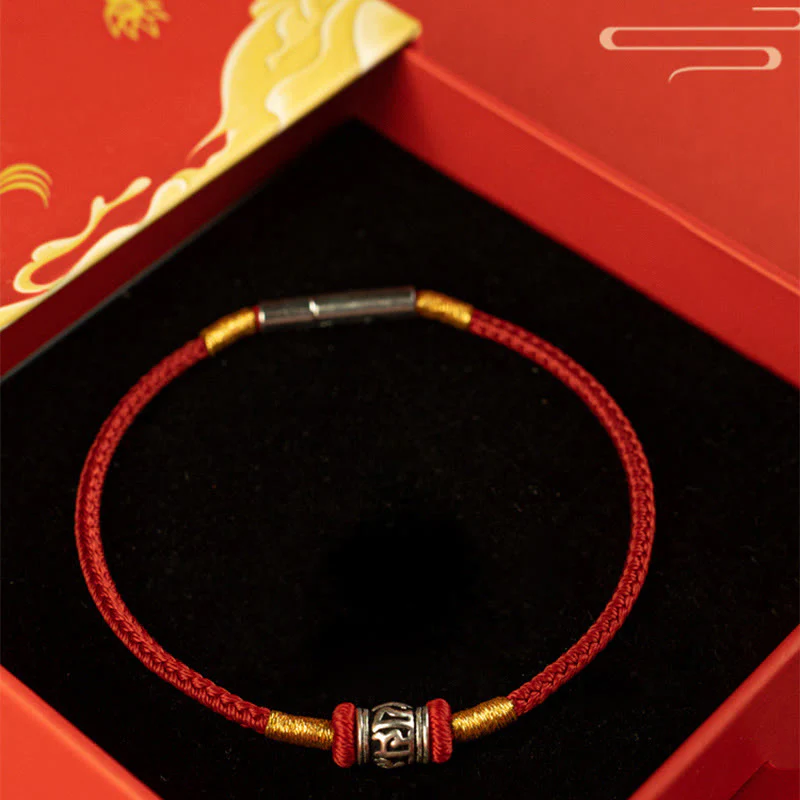 Buddha Stones Red String Black String Six True Words 925 Sterling Silver Peace Bracelet