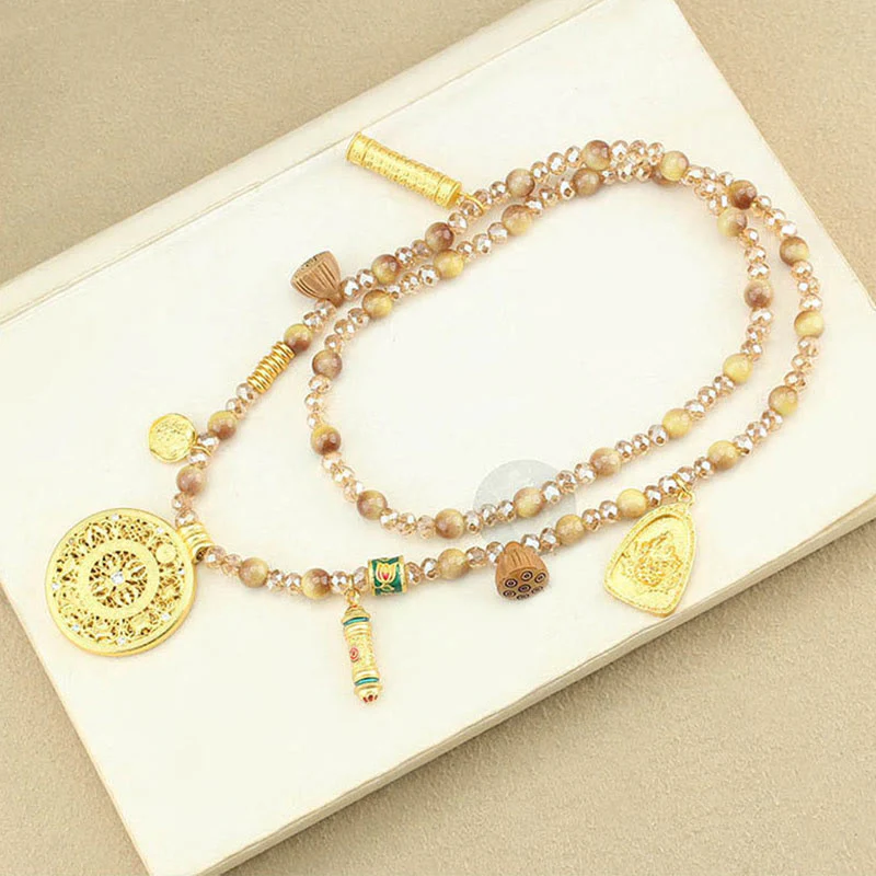 Buddha Stones Tibetan Lotus Round Plate Golden Tiger Eye Beads Necklace Pendant