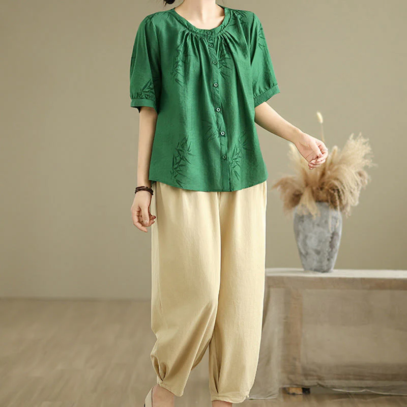 Buddha Stones 2pcs Casual Women's Short Sleeve Shirt Harem Pants Meditation Clothing Set