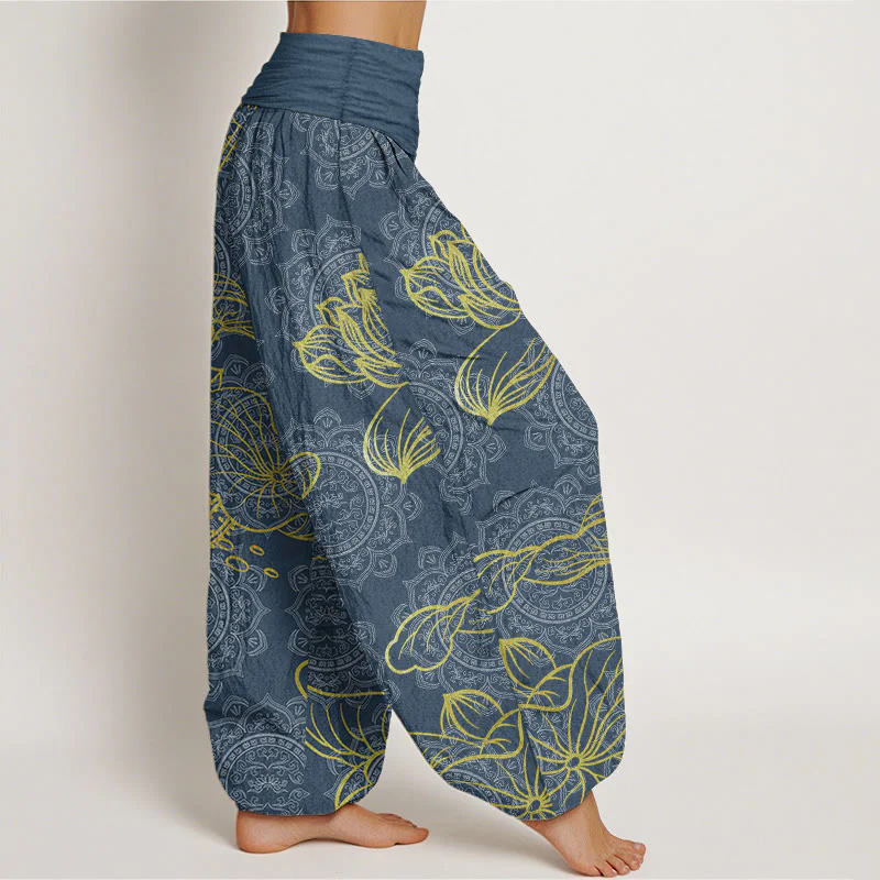 Buddha Stones Pure Cotton Golden Lotus Mandala Pattern Women's Elastic Waist Harem Pants