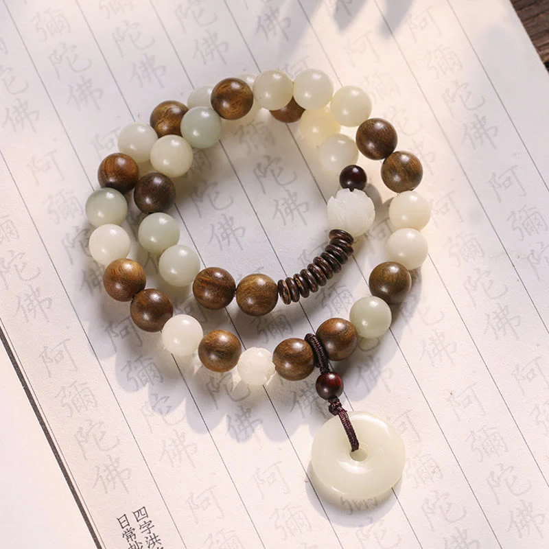 Buddha Stones Bodhi Seed Green Sandalwood Lotus Peace Buckle Harmony Double Wrap Bracelet