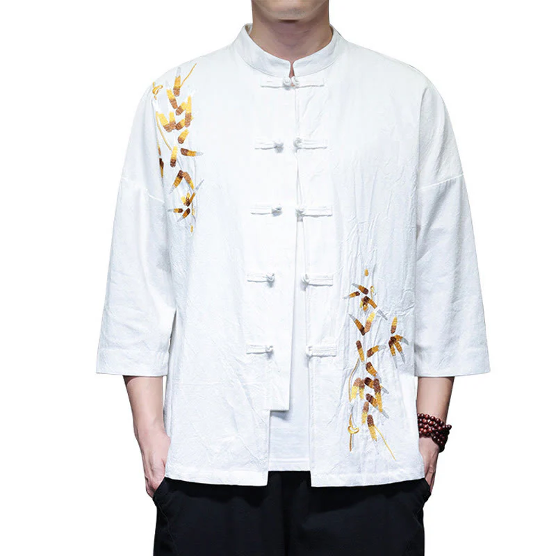 Buddha Stones Embroidery Men's  Chinese Frog-Button Three Quarter Sleeve Shirt Clothing