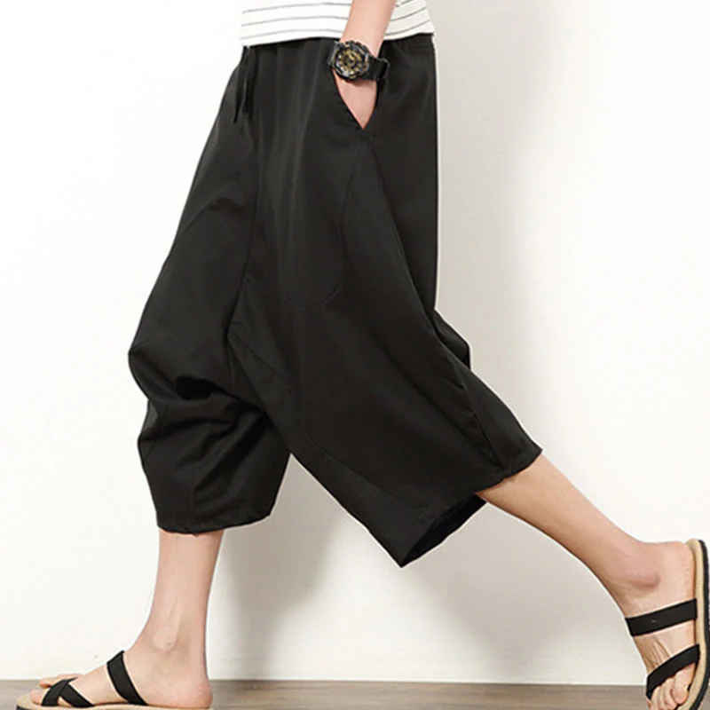 Buddha Stones Spring Plain Simple Patchwork Design Drawstring Cotton Linen Men's 7-8 Length Wide Leg Pants With Pockets