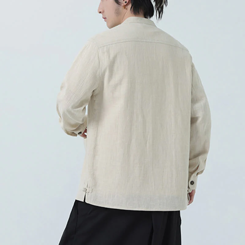 Buddha Stones Men's Button Ramie Linen Cotton Fleece Lined Jacket Shirt With Pockets