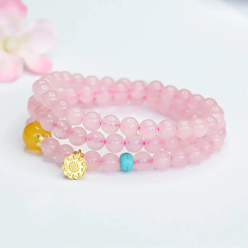 Buddha Stones Pink Crystal Multi-Circle Yellow Chalcedony Lotus Warmth Bracelet