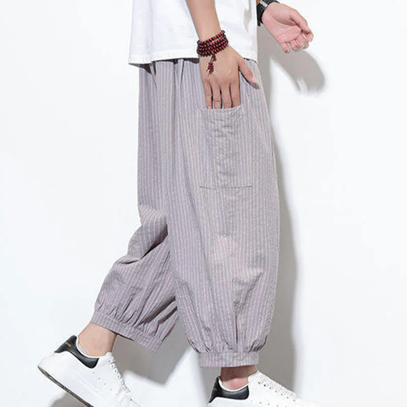 Buddha Stones Casual Striped Men's Cotton 7-8 Length Harem Pants With Pockets