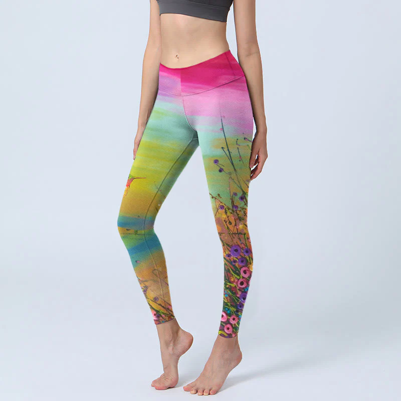 Buddha Stones Blooming Flower Bird Pattern Print Gym Leggings Women's Yoga Pants