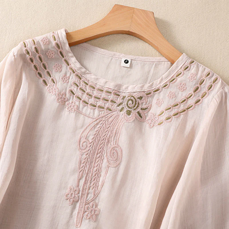 Buddha Stones Women's Crew Neck Hollow Design Half Sleeve Cotton Linen Shirt