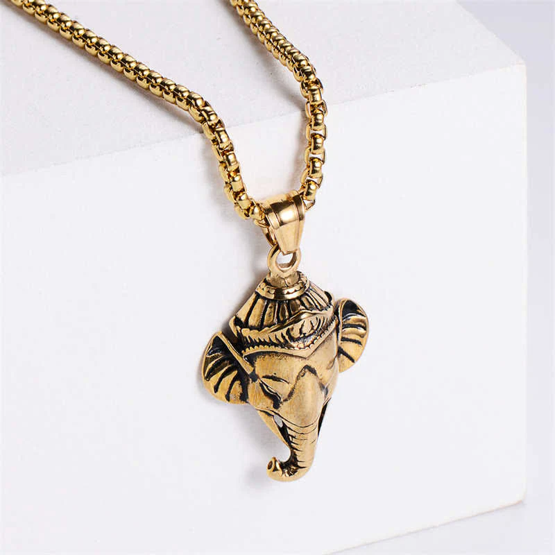 Buddha Stones Ganesh Ganpati Elephant Titanium Steel Protection Pendant Necklace