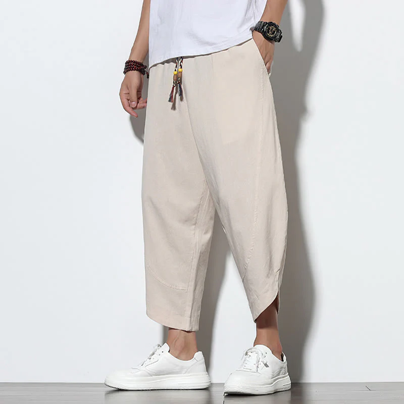 Buddha Stones Casual Summer Drawstring 7-8 Length Linen Men's Harem Pants With Pockets
