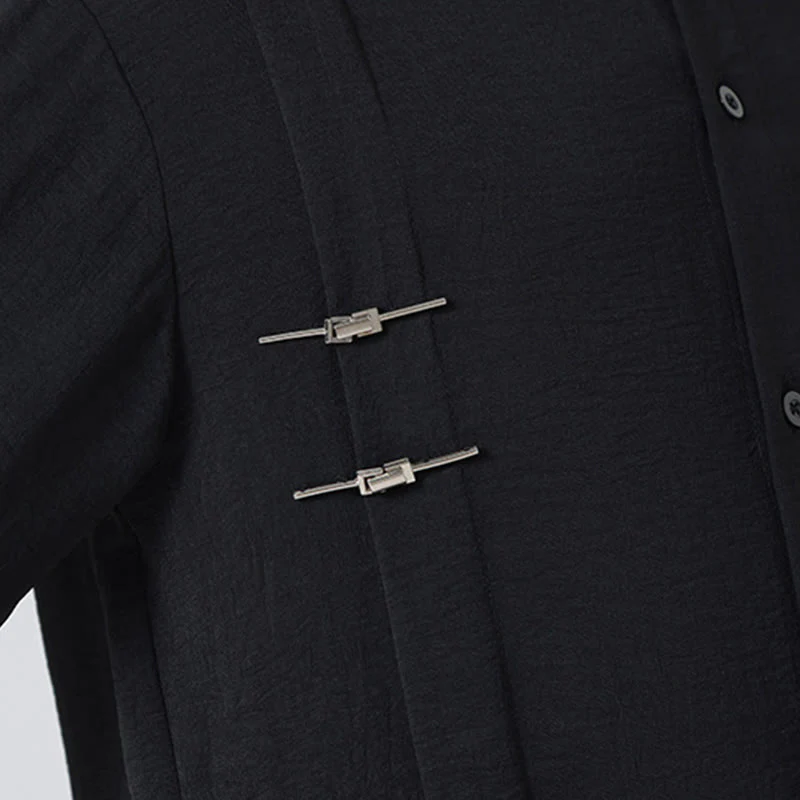 Buddha Stones Plain Buttons Stand Collar Long Sleeve Men's Cotton Shirt